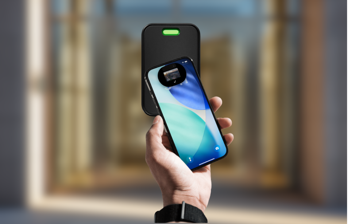 iPhone with FutureState student ID tapping a Schlage MT15-485 wall-mount reader