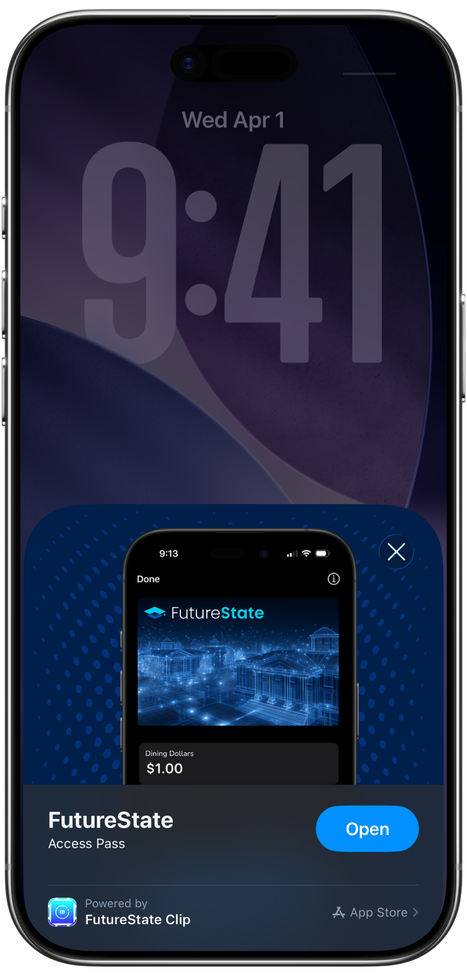 An App Clip code above an iPhone showing the FutureState Access Pass App Clip