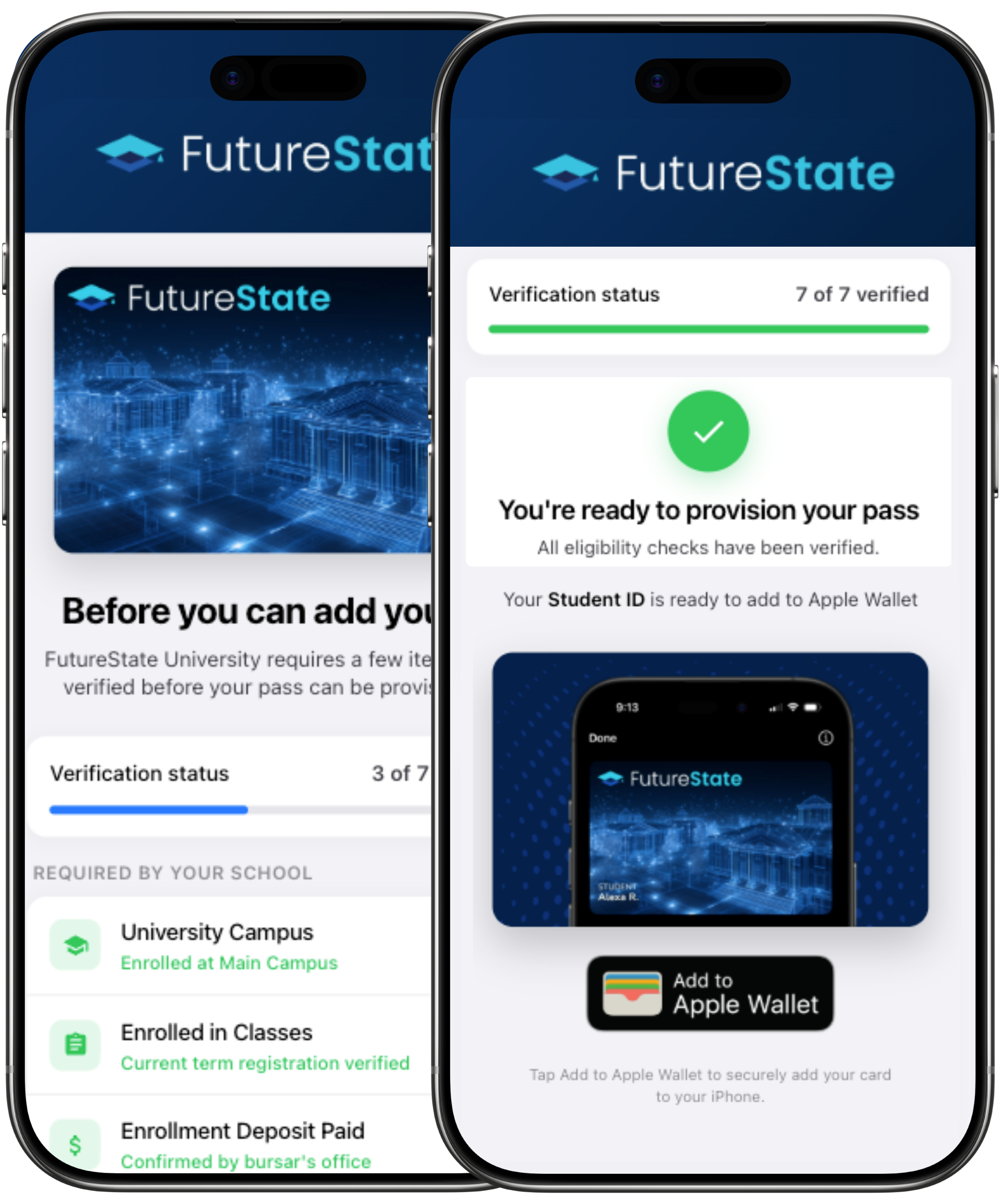 Two iPhones showing the FutureState Access Pass app with eligibility checks and the Add to Apple Wallet button